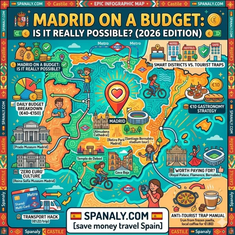 An epic infographic map by Spanaly for traveling Madrid on a budget in 2026. The colourful flat vector map features key tourist attractions and financial tactical hacks. It highlights free entries to the Prado and Reina Sofía museums, shared Metro multi-cards, and the €10 gastronomy strategy. It warns against tourist traps, ensuring smart spending for visitors to Spain.