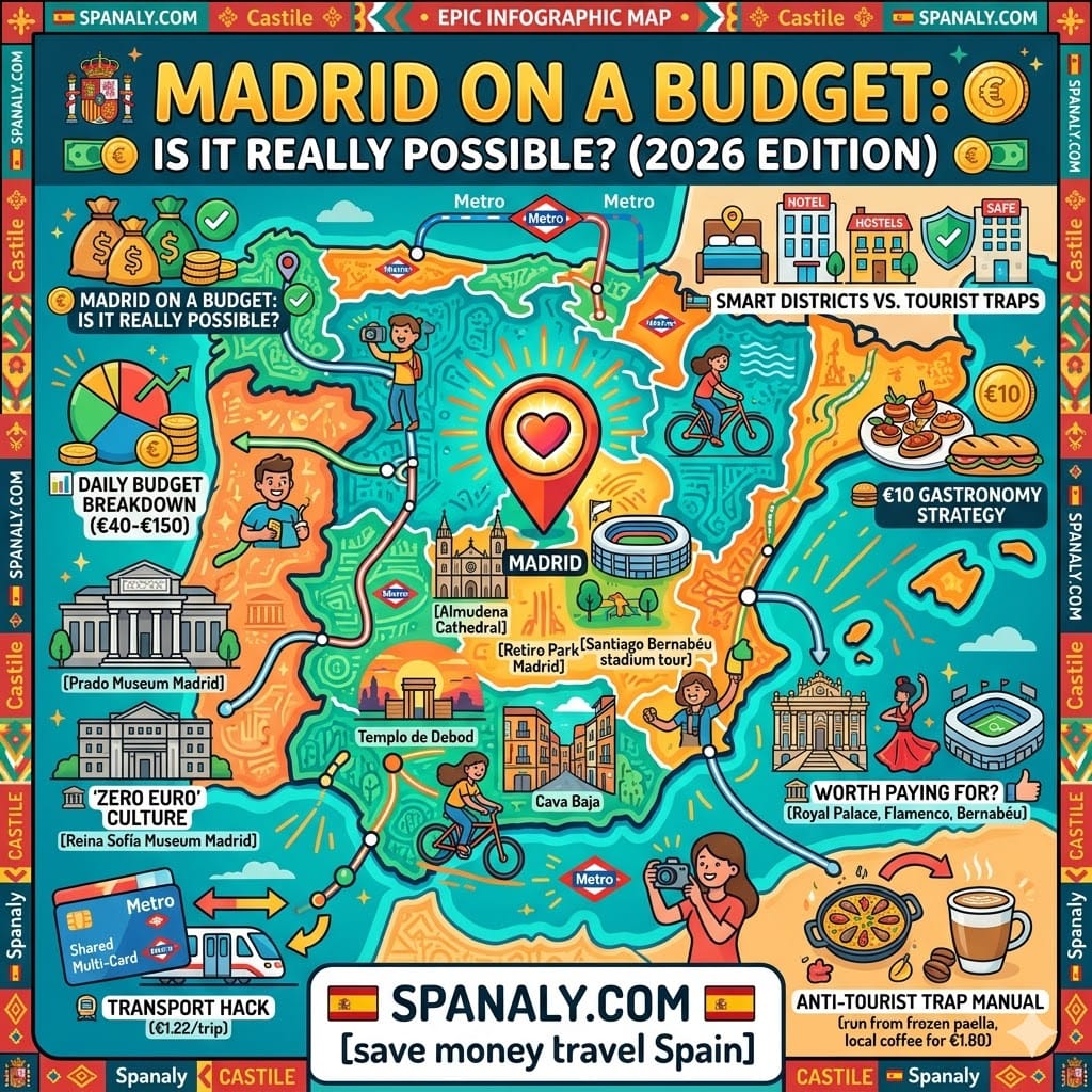 An epic infographic map by Spanaly for traveling Madrid on a budget in 2026. The colourful flat vector map features key tourist attractions and financial tactical hacks. It highlights free entries to the Prado and Reina Sofía museums, shared Metro multi-cards, and the €10 gastronomy strategy. It warns against tourist traps, ensuring smart spending for visitors to Spain.