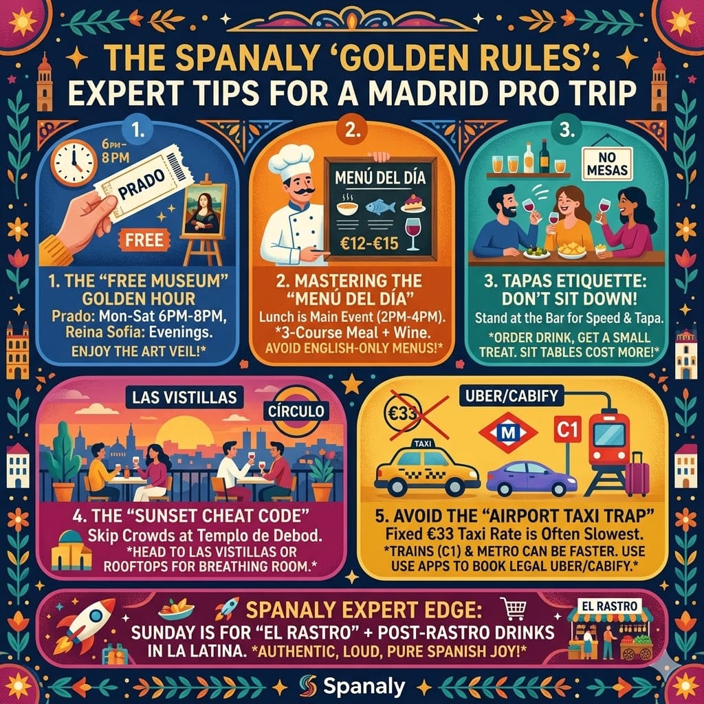 A square colorful infographic by Spanaly.com outlining 5 expert tips for a pro trip to Madrid, including icons for free museum hours at Prado, ordering the 'Menú del Día', standing at tapas bars, finding Las Vistillas sunset, and avoiding airport taxi traps with Metro and trains.