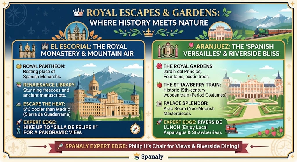 A colorful infographic by Spanaly.com comparing royal day trips from Madrid to El Escorial monastery and Aranjuez palace gardens.