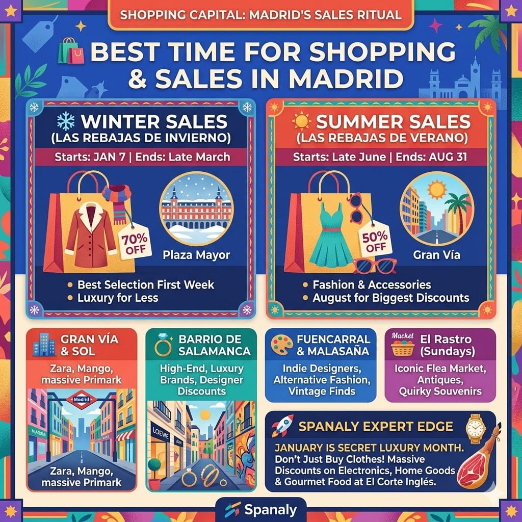 A square colorful infographic by Spanaly.com explaining the best time for shopping and sales in Madrid, featuring winter and summer 'Rebajas' dates, Gran Vía, and Barrio de Salamanca luxury shopping tips.
