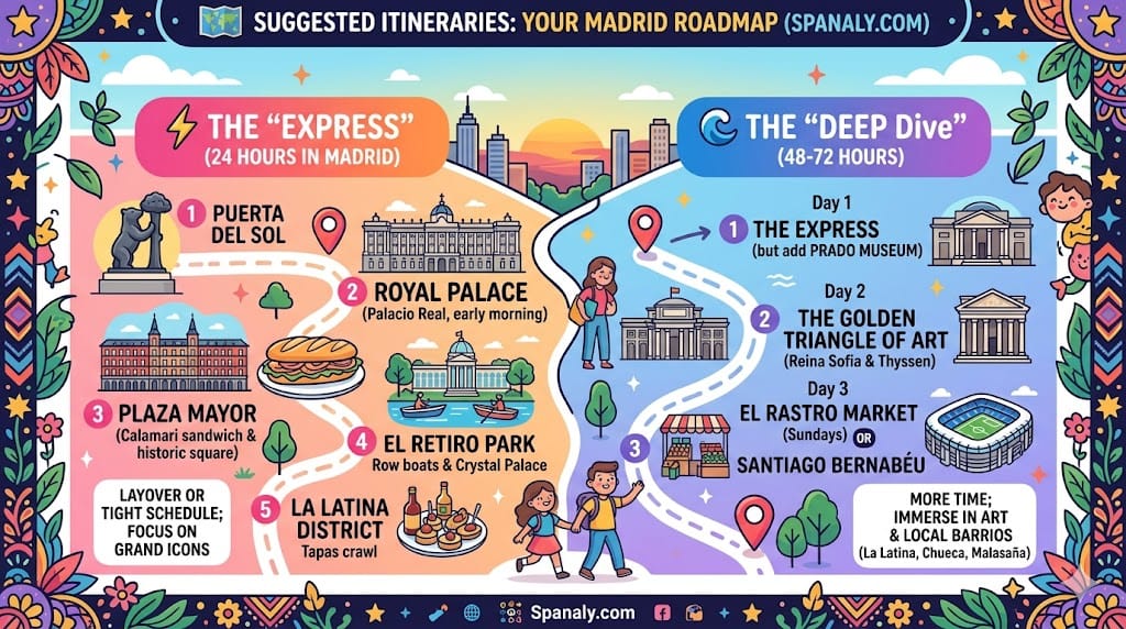 Colorful infographic mapping out two suggested Madrid travel itineraries: A 24-hour Express route focusing on major icons and a 48-72 hour Deep Dive immersing in art and local barrios by Spanaly.