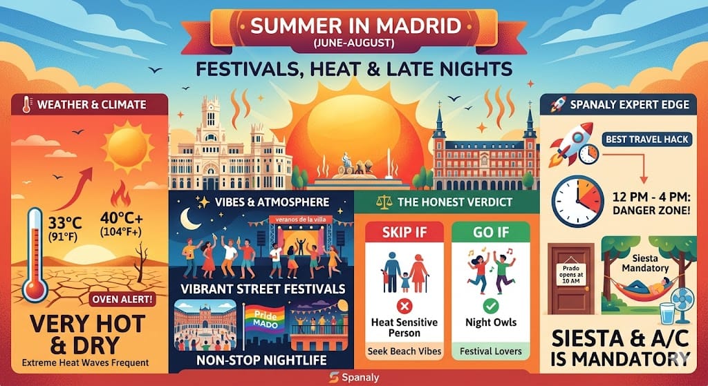 A colorful infographic by Spanaly.com explaining Madrid summer weather (June-August), featuring heatwave alerts, vibrant street festivals like MADO Pride, and late-night nightlife tips.