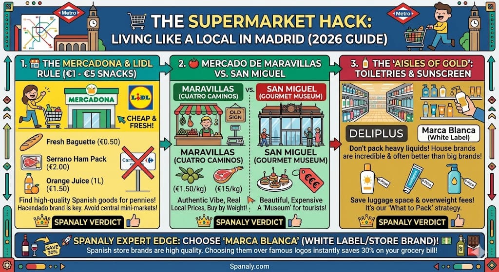 A colorful infographic by Spanaly guide for smart shopping in Madrid in 2026. It compares three tactical hacks: 1. Using Mercadona and Lidl for cheap snacks like fresh baguettes and Serrano ham. 2. Visiting Mercado de Maravillas for real local prices versus the expensive Mercado de San Miguel. 3. Buying "Marca Blanca" (White Label) toiletries like Deliplus to save on luggage and costs. It highlights a 30% savings tip on grocery bills.
