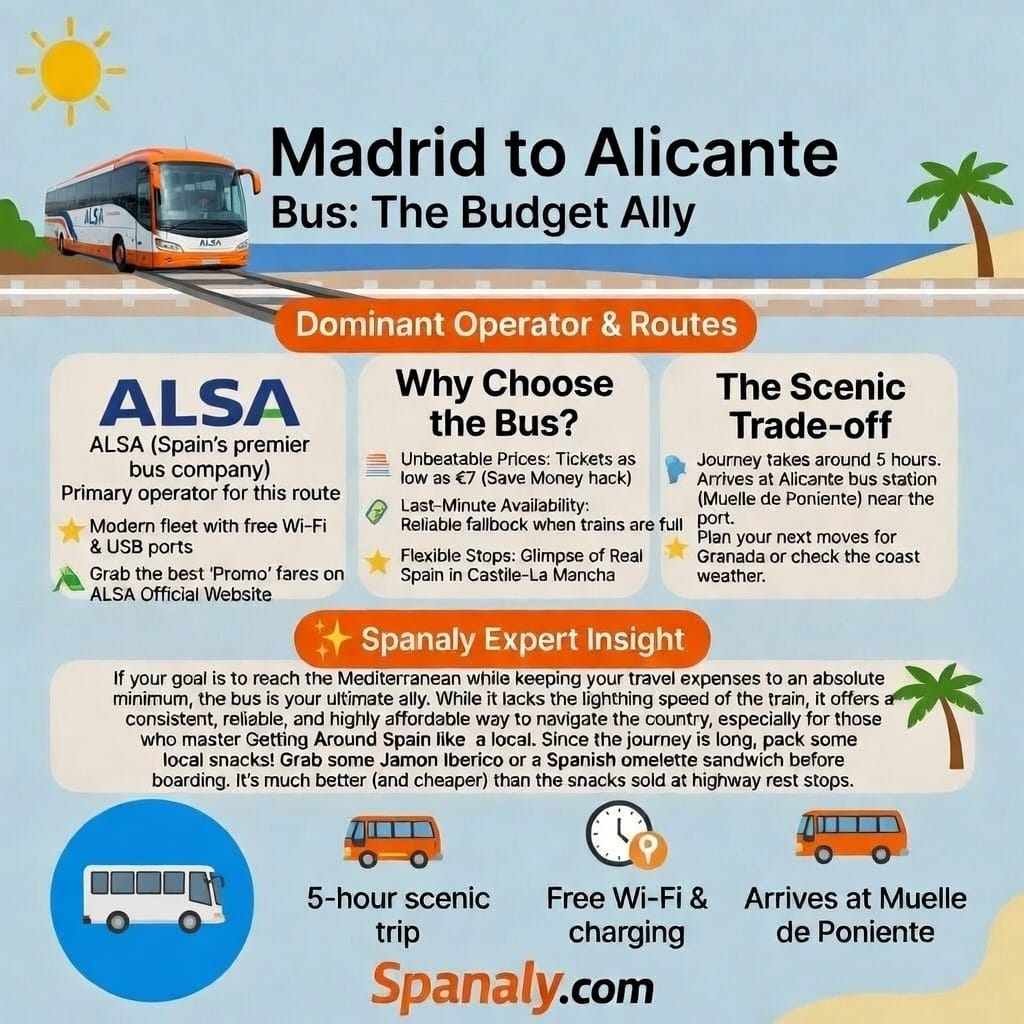 ALSA bus traveling from Madrid to Alicante Mediterranean coast.