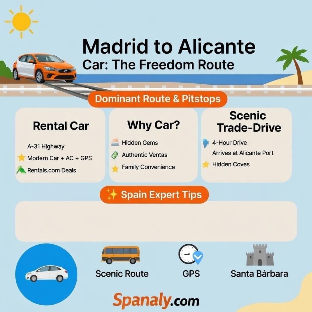 Infographic: Driving route from Madrid to Alicante via A-31 with stops & expert tips