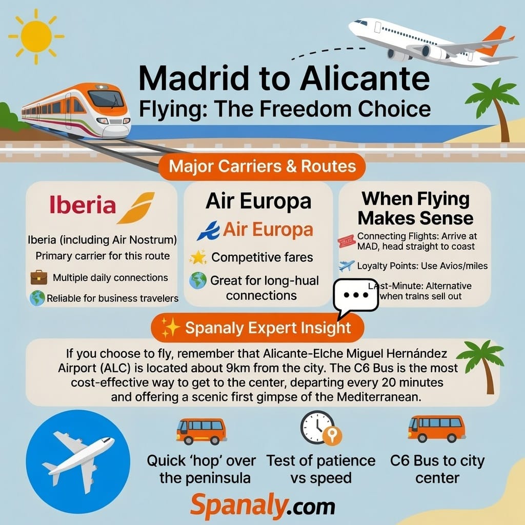 An Iberia Express plane flying from Madrid-Barajas airport to Alicante-Elche airport.