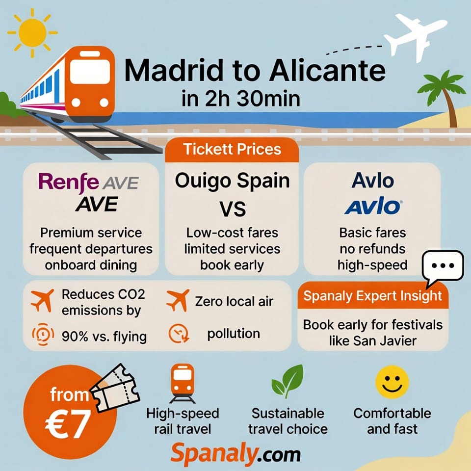 Infographic comparing high-speed train operators from Madrid to Alicante: AVE, Ouigo, and Avlo