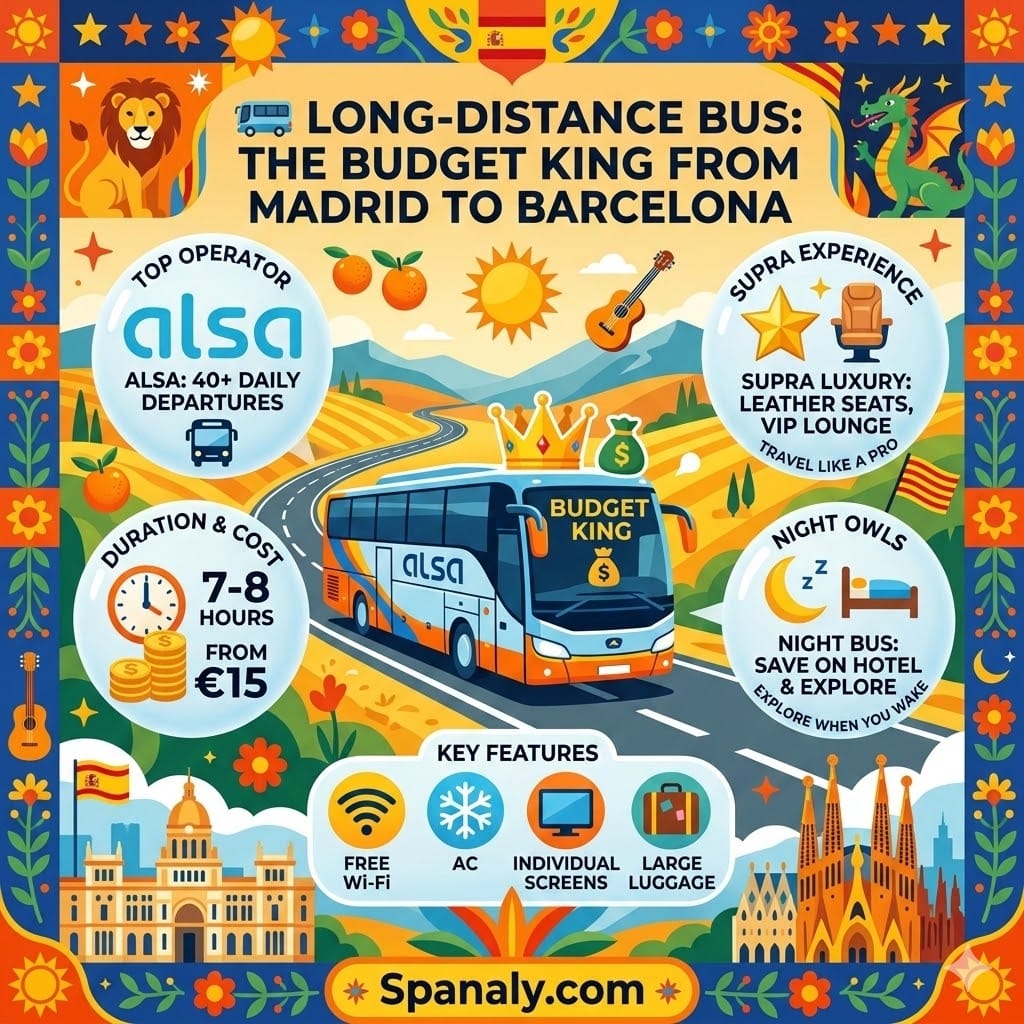 A vibrant 1024x1024 infographic guiding budget travelers from Madrid to Barcelona by bus, featuring 'Long-Distance Bus: The Budget King' with a crowned ALSA bus 🚌, 'From €15' price, '7-8 Hours' duration, and 'Supra Luxury' details with leather seats and individual screens. Highlights include free Wi-Fi, AC, and the overnight option with moon 🌙 and bed icon, all with Spanaly.com branding.