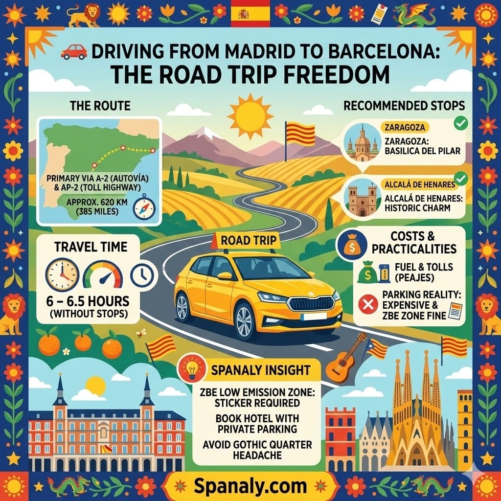 A vibrant 1024x1024 infographic guiding travelers on the road trip freedom 🚗 from Madrid to Barcelona, featuring 'The Route' (A-2, AP-2, 620 KM), 'Travel Time' (6 – 6.5 Hours), and 'Recommended Stops' like 'ZARAGOZA: BASILICA DEL PILAR' and 'ALCALÁ DE HENARES: HISTORIC CHARM' 🏰. Highlights include costs like fuel & tolls, and Spanaly insights on ZBE low-emission zones and private parking, all with Spanaly.com branding.