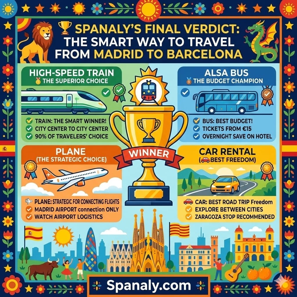 A vibrant 1024x1024 infographic summarizing the best way to travel from Madrid to Barcelona, declaring the high-speed train as the overall winner 🏆 with a large golden trophy and medal icons for bus and car options, all with Spanaly.com branding.