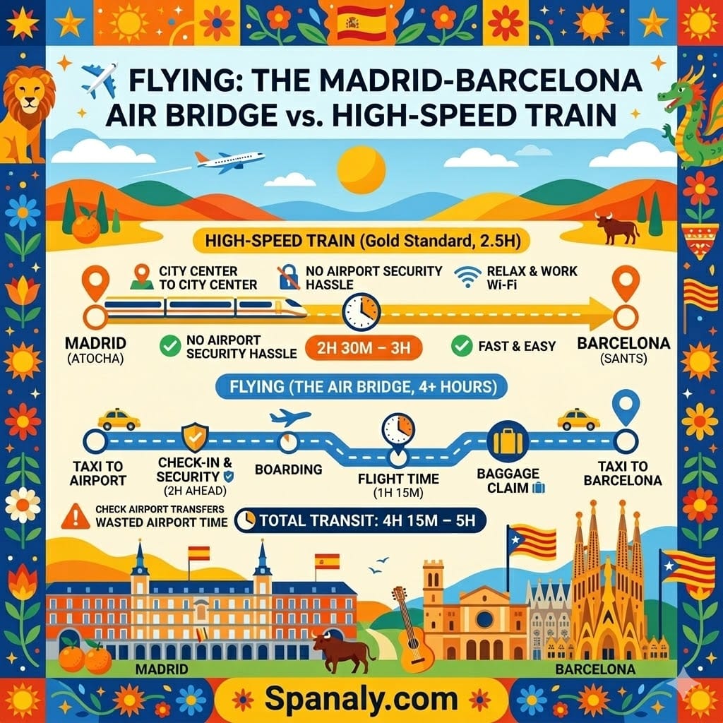 A 1024x1024 colorful infographic comparing Madrid to Barcelona travel: showing the efficient 2.5-hour high-speed train route vs. the 4+ hour flying process including airport transfers, security, and baggage claim, highlighting 'Wasted Airport Time' in English, with Spanaly.com branding.
