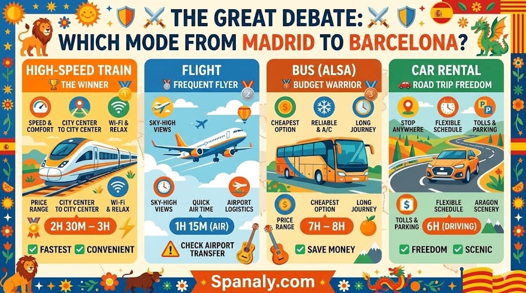 A comprehensive and colorful infographic comparing travel options from Madrid to Barcelona, featuring high-speed trains, flights, buses, and car rentals with details on time, cost, and pros for each mode, with Spanaly.com branding.