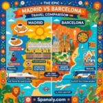 An 'Epic Infographic Map' (1024x1024) split vertically for Madrid and Barcelona travel, featuring key landmarks (Royal Palace, Sagrada Familia, Park Güell), local food (Churros, Paella, Cava), and travel elements (Renfe AVE train, Alsa bus) 🚄🚌✈️. Highlights include '2H 30M TRAIN JURNEY' and 'ATOCHA' vs 'SANTS' station icons with Spanaly.com branding, all in a cheerful flat vector style with stars, suns, and decorative border elements.