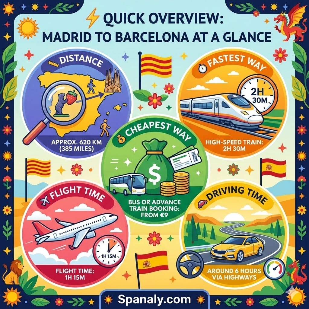 A clean and colorful infographic providing a quick overview of travel from Madrid to Barcelona, showing distance, fastest way by train, cheapest way by bus, flight time, and driving time with Spanaly.com branding.