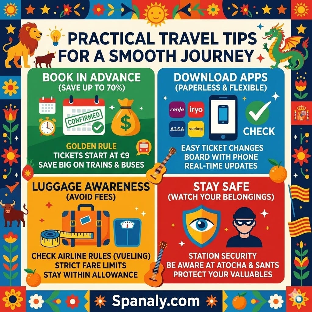 A dynamic 1024x1024 infographic guiding travelers with four key 'Practical Travel Tips' from Madrid to Barcelona: showing 'Book Early & Save up to 70%' 📅💰, 'Download Essential Apps' (Renfe, Alsa, Vueling) 📱, 'Check Luggage Rules (Avoid Fees)' 🧳 scale, and 'Stay Safe (Pickpockets)' shield with watchdog 🛡️ eye, all with Spanaly.com branding.