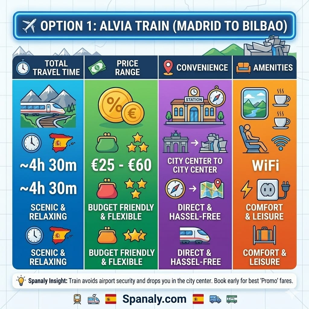 Infographic of Alvia train from Madrid to Bilbao showing travel time, price range from 25 Euro, and city center arrival.