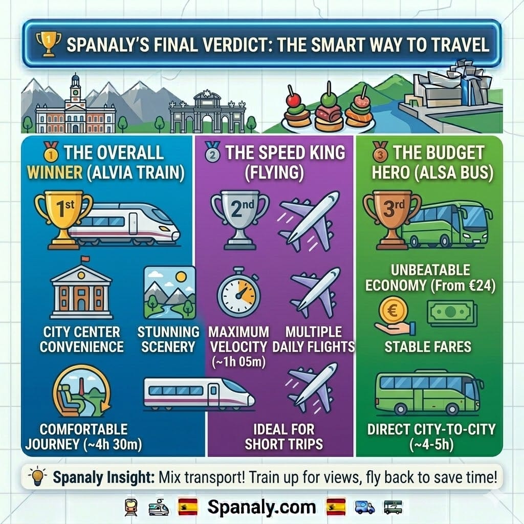 Final verdict infographic for Madrid to Bilbao travel comparing Alvia Train as the winner, Flying for speed, and Bus for budget.