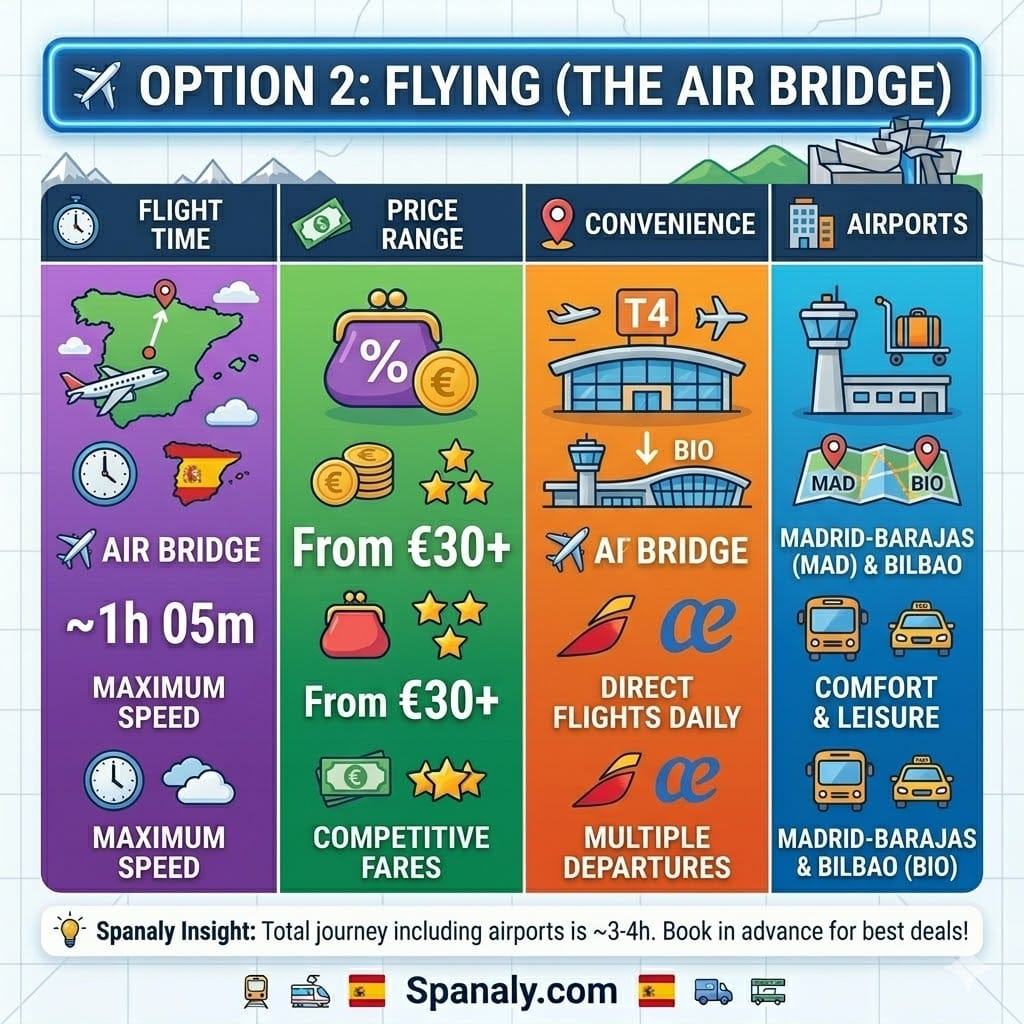 Infographic showing flight details from Madrid to Bilbao, including 1 hour 5 minutes travel time, airlines like Iberia, and prices starting from 30 Euro.