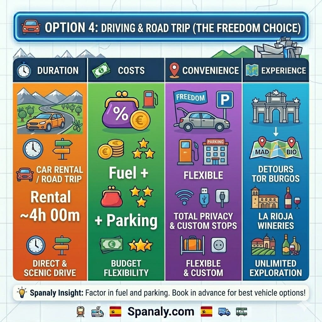 Infographic of a road trip from Madrid to Bilbao showing a 4-hour drive time, fuel and parking costs, and scenic stops like Burgos and La Rioja.