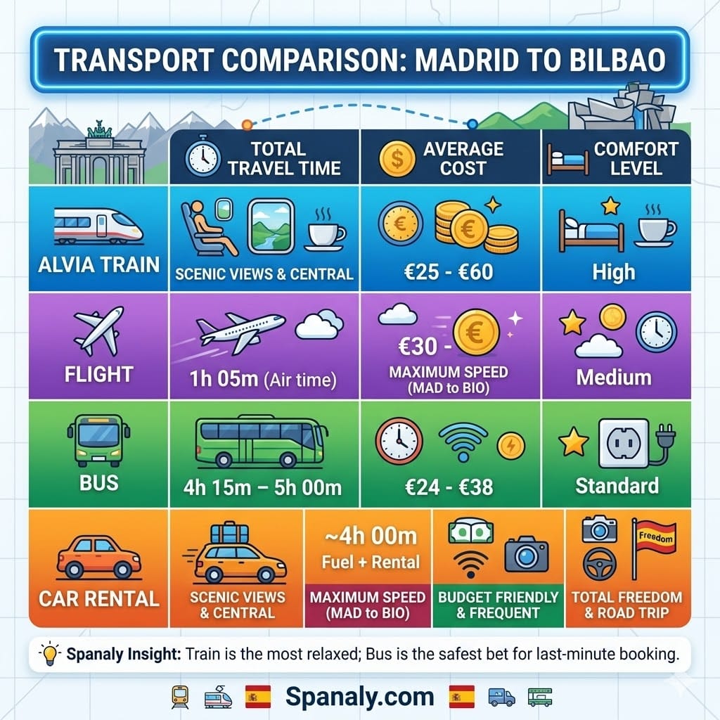 Detailed infographic comparing travel time, average cost, and comfort levels for train, flight, bus, and car rental from Madrid to Bilbao.