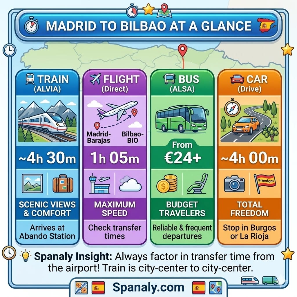 Comparison table showing travel options from Madrid to Bilbao including Alvia train duration, direct flight time, bus fares, and driving distance.