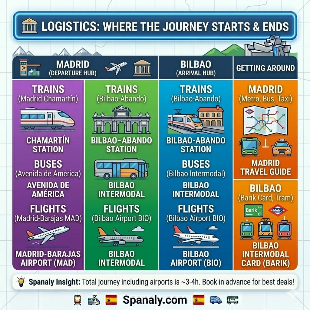 Logistics infographic for Madrid to Bilbao travel showing departure points like Chamartín Station and arrival points like Bilbao-Abando and Bilbao Intermodal.