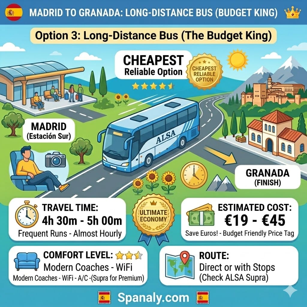 A colorful infographic about the ALSA bus from Madrid to Granada, showing a travel time of 4h 30m, costs starting from €19, and bus amenities like Wi-Fi.