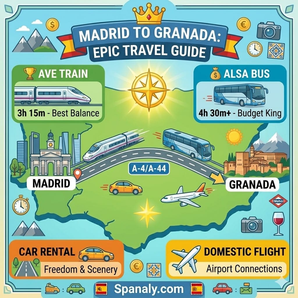 An epic infographic map showing travel options from Madrid to Granada, including AVE train, ALSA bus, car rental, and flight routes with travel times.