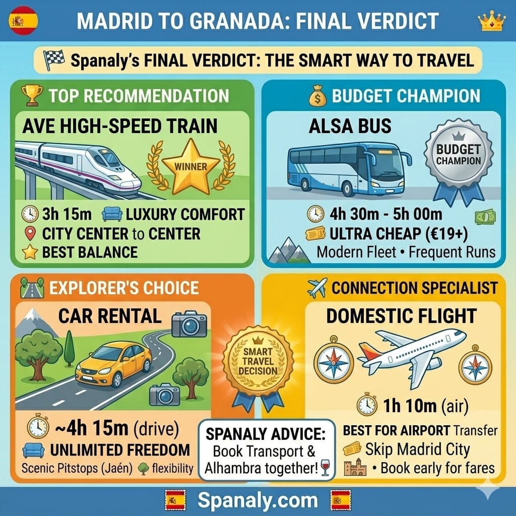 A comparison infographic of travel options from Madrid to Granada, featuring the AVE train as the top recommendation, ALSA bus as budget champion, car rental for explorers, and flights for connections.