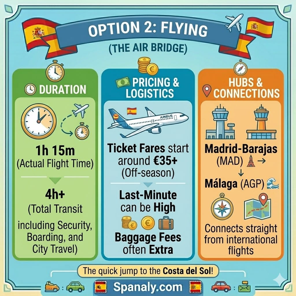 An infographic comparing flight details from Madrid to Málaga, showing flight duration, airport hubs Madrid-Barajas and Málaga Airport, and pricing tips.
