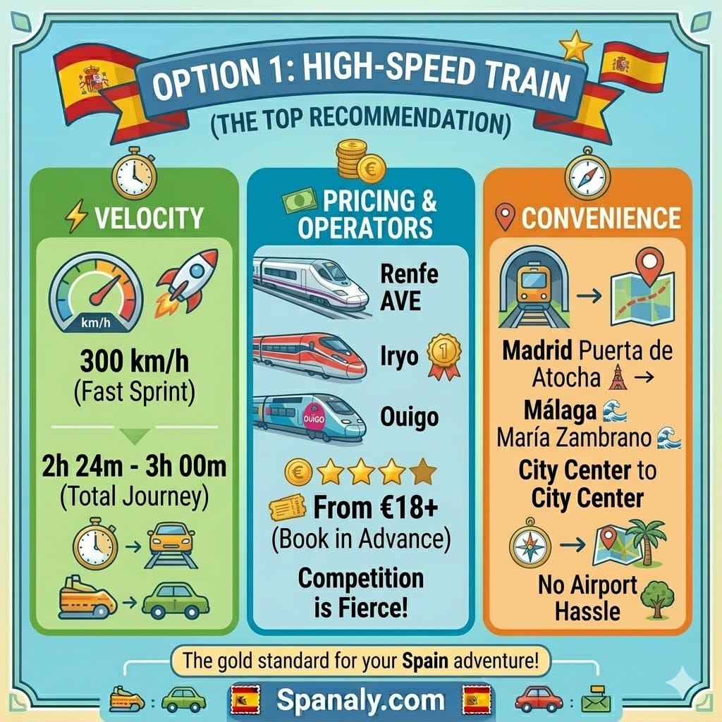 Infographic of high-speed train options from Madrid to Málaga, comparing Renfe AVE, Iryo, and Ouigo with travel times and ticket pricing.