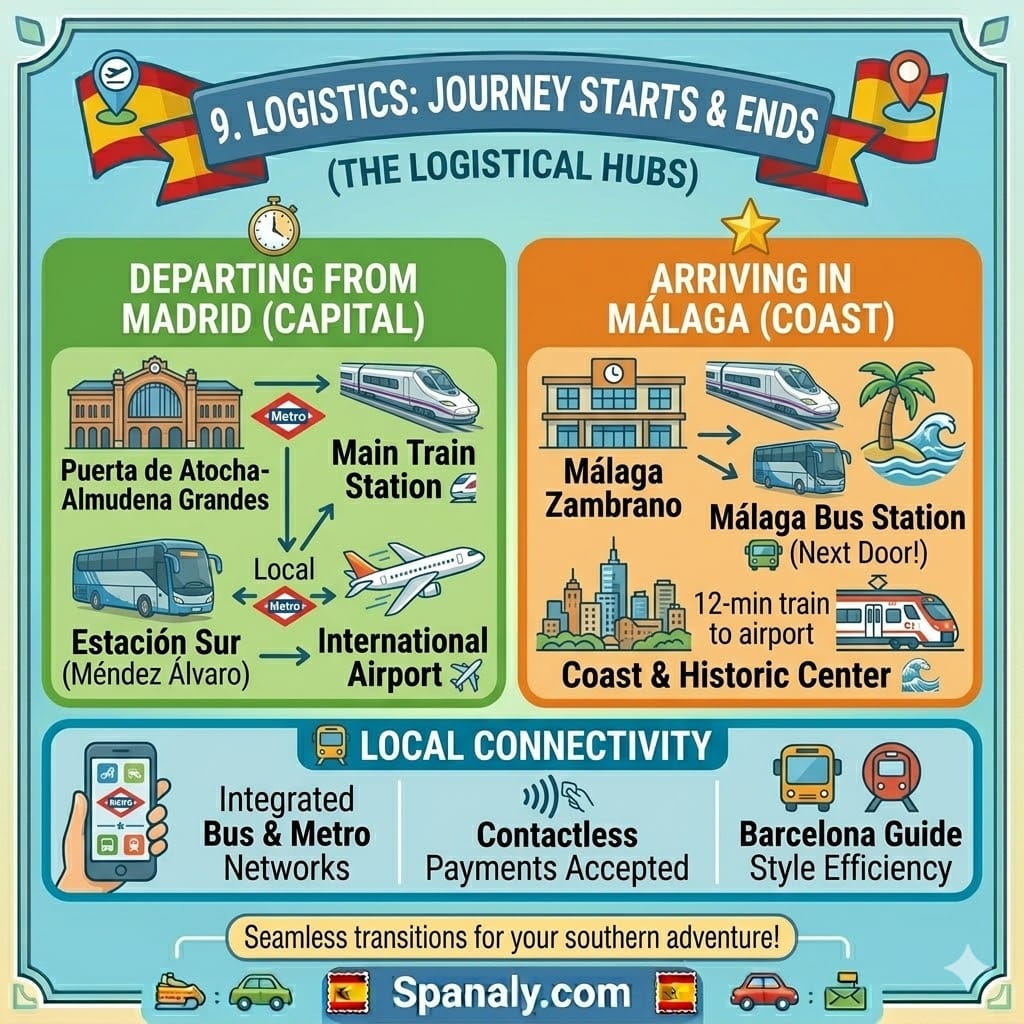 An infographic showing the logistics of traveling from Madrid to Málaga, featuring departure hubs like Puerta de Atocha and Barajas Airport, and arrival at Málaga María Zambrano and the bus station.