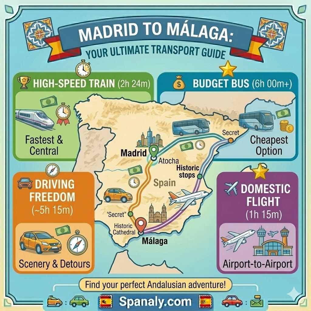 An epic infographic map of Spain showing the travel routes from Madrid to Málaga, featuring high-speed train, bus, car rental, and flight options with travel times.