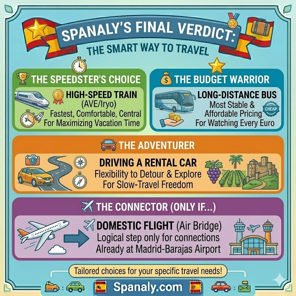 Comprehensive infographic summarizing the best ways to travel from Madrid to Málaga, comparing high-speed trains, budget buses, driving, and flying for different traveler types.