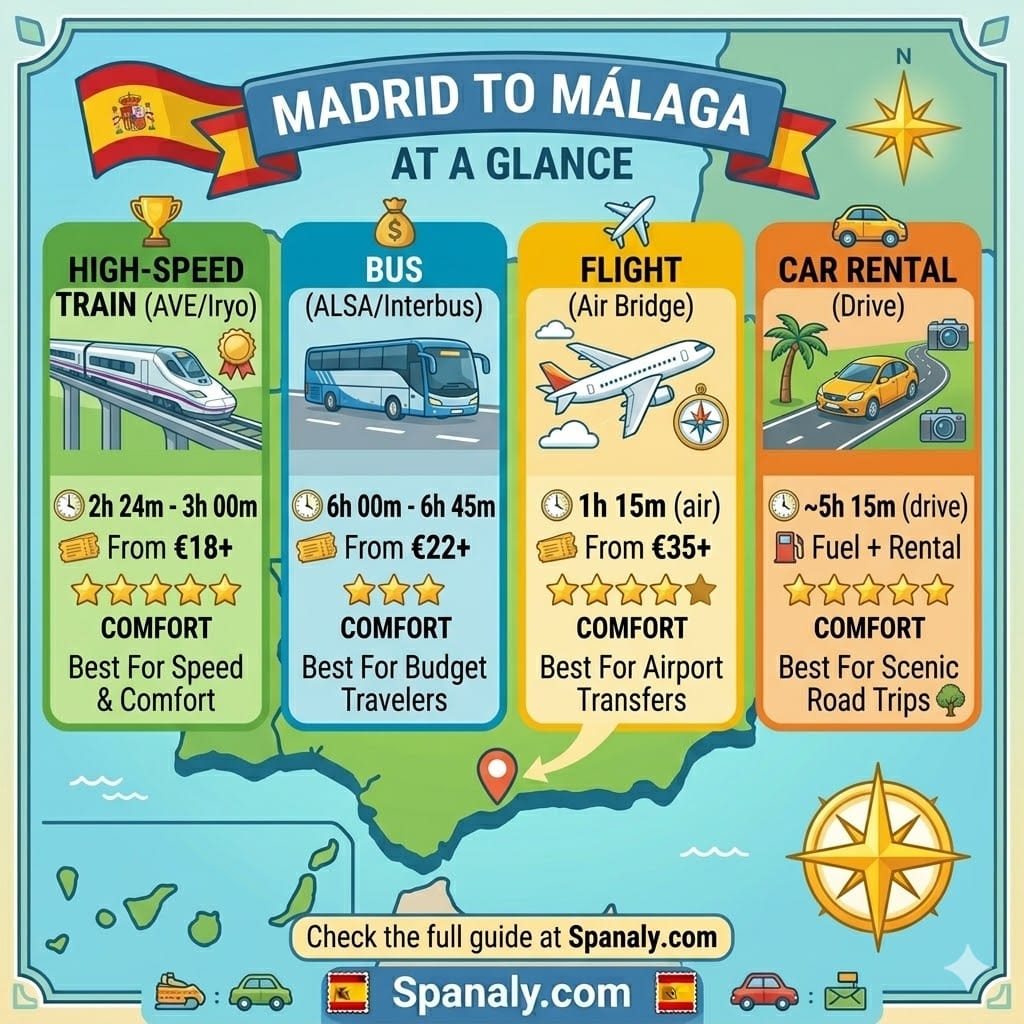 A comparison infographic of travel options from Madrid to Málaga, showing high-speed train, bus, flight, and car rental with travel times and starting prices.