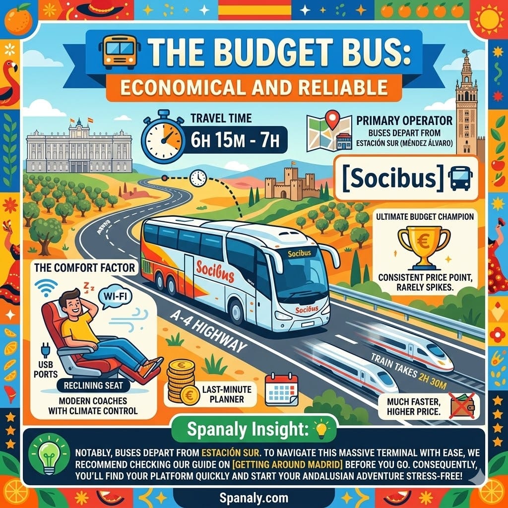 An infographic about traveling from Madrid to Seville by bus, featuring Socibus as the primary operator, travel times, comfort features like Wi-Fi and USB ports, and a comparison with the A-4 highway route.