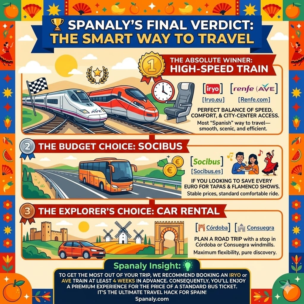 A comprehensive final verdict infographic comparing high-speed trains, budget buses, and car rentals for the Madrid to Seville route, featuring top recommendations like Iryo and Socibus.