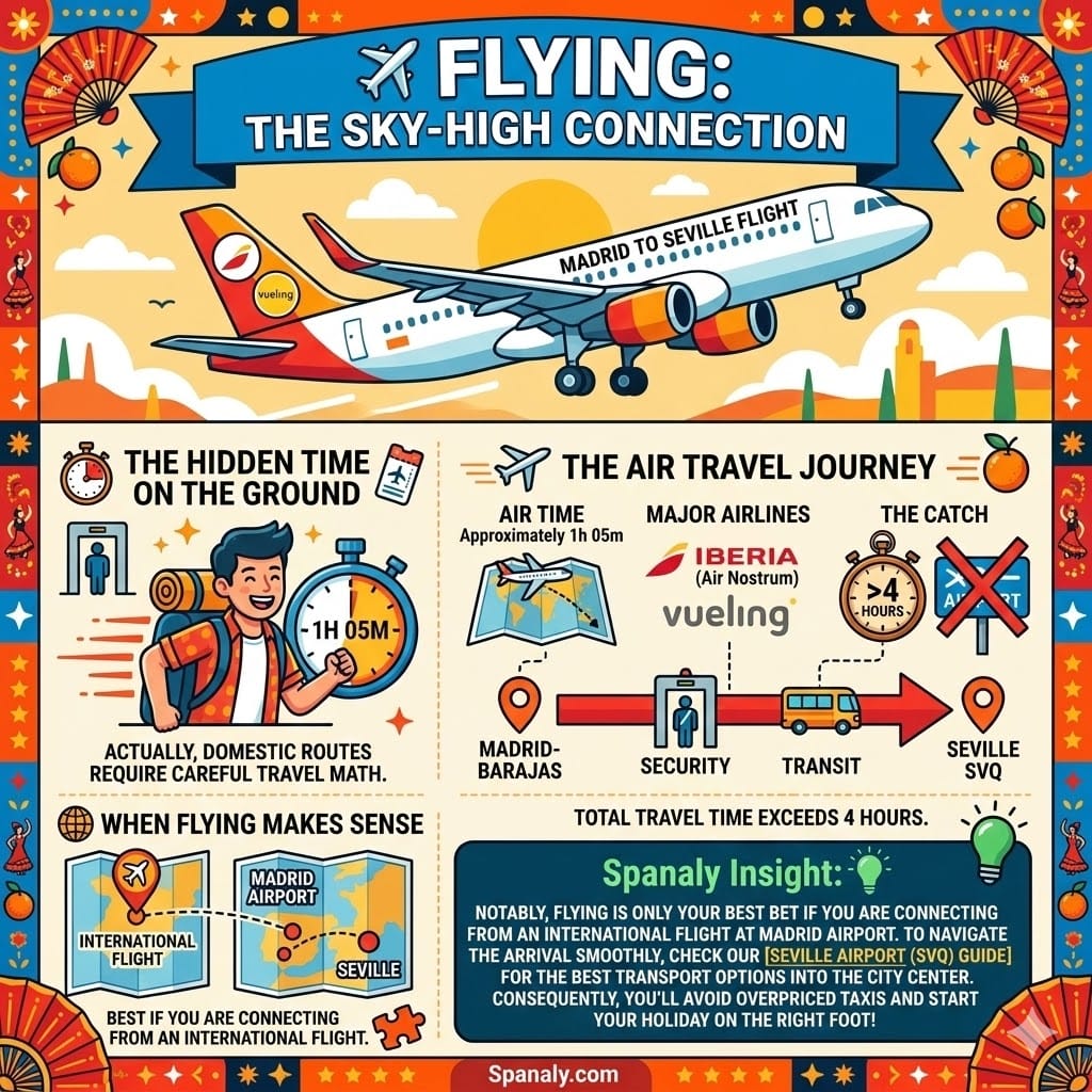 An infographic about flying from Madrid to Seville, illustrating the air time versus total travel time, including airport security and transit logistics.