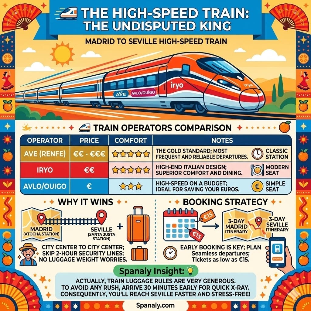 An infographic comparing high-speed train operators from Madrid to Seville, including AVE, Iryo, and Avlo, with pricing, comfort levels, and booking strategies.