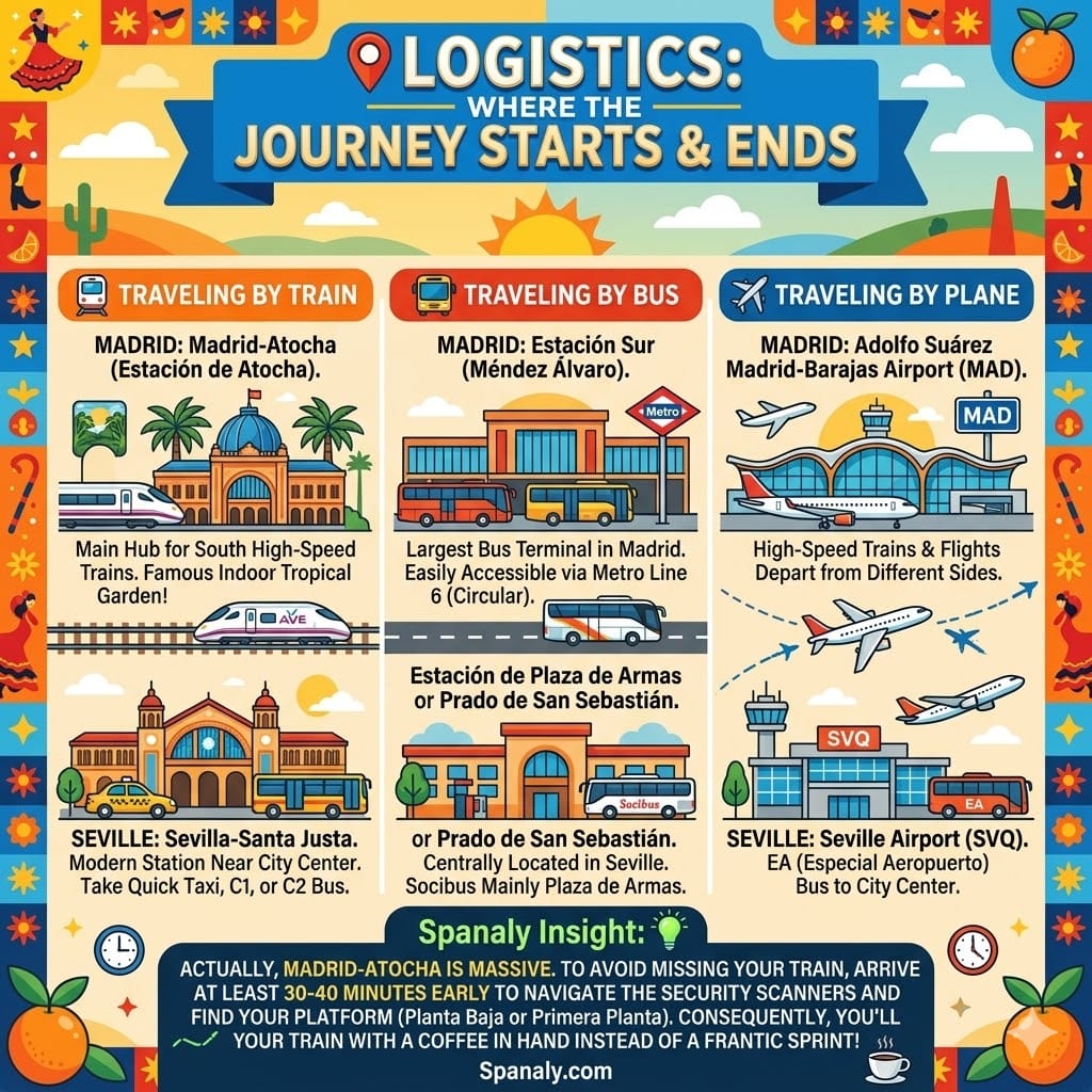 An infographic detailing the logistics of traveling from Madrid to Seville, showing train stations like Madrid-Atocha and Sevilla-Santa Justa, bus terminals, and airport hubs.