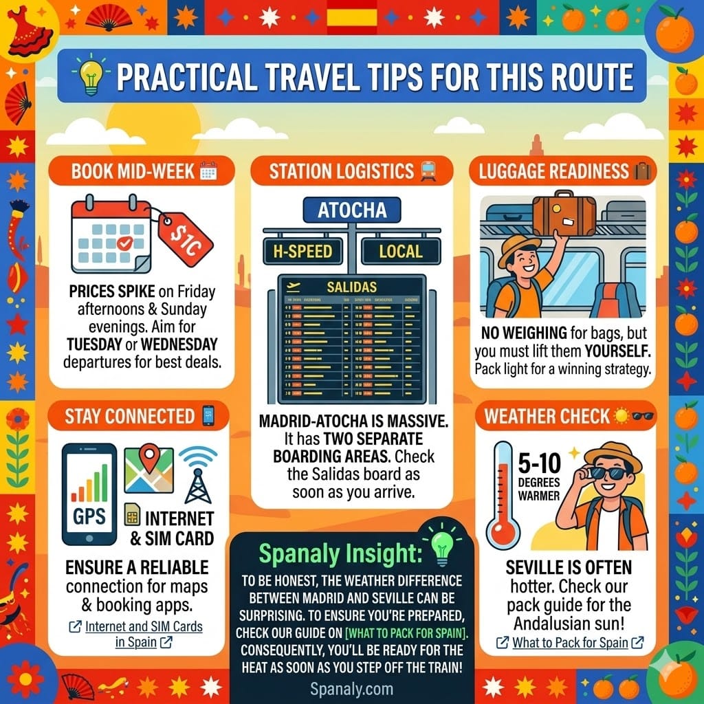 An infographic illustrating practical travel tips for the Madrid to Seville route, including booking advice, station logistics at Atocha, luggage rules, and weather differences.