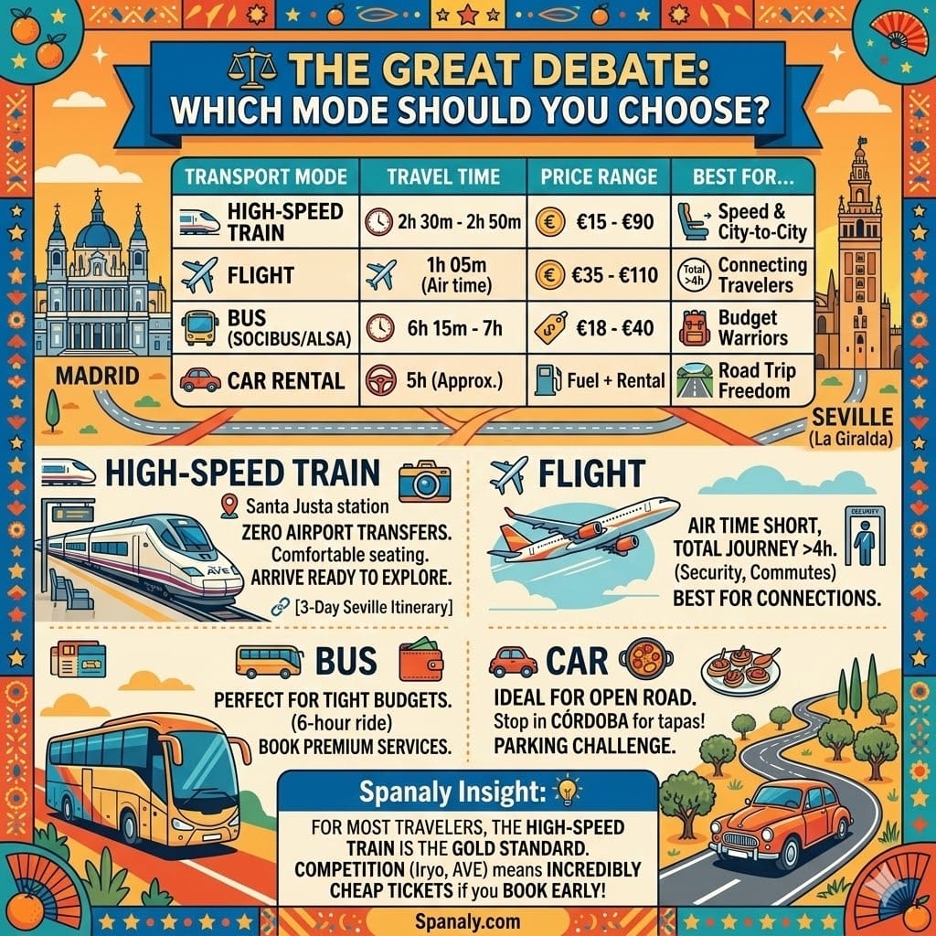 A comprehensive comparison table and infographic for traveling from Madrid to Seville, featuring train, bus, flight, and car rental options with prices and travel times.