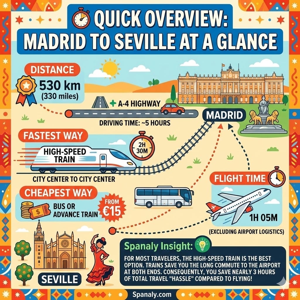 An infographic comparison of travel options from Madrid to Seville, featuring high-speed train, bus, flight, and driving times with Spanaly travel insights.