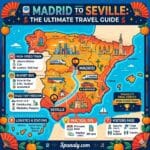 An epic infographic map of Spain showing the travel route from Madrid to Seville, featuring high-speed trains, budget buses, and car rental options with key stops like Córdoba.