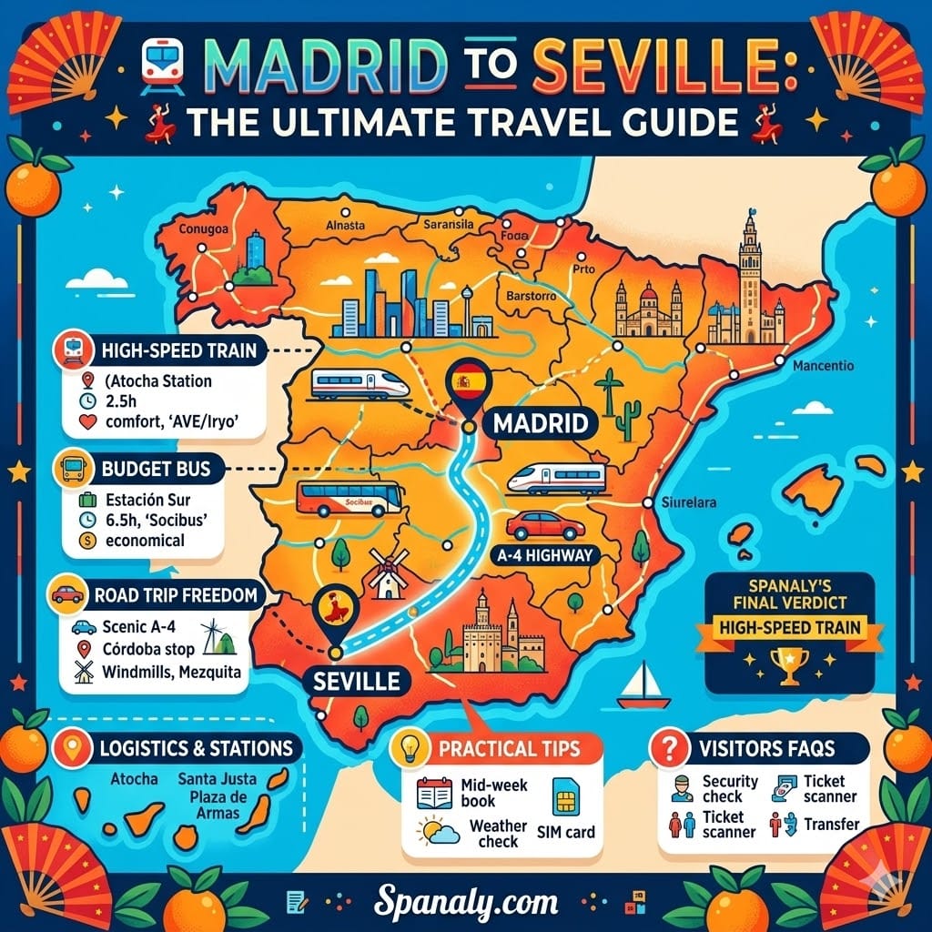 An epic infographic map of Spain showing the travel route from Madrid to Seville, featuring high-speed trains, budget buses, and car rental options with key stops like Córdoba.
