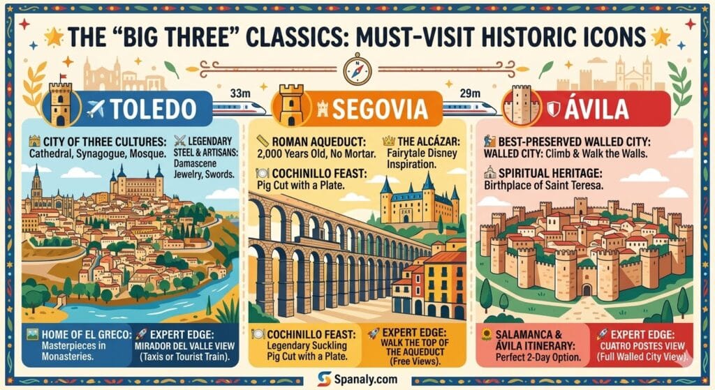A colorful infographic by Spanaly.com comparing the "Big Three" day trips from Madrid: Toledo's history, Segovia's fairytale castle, and Avila's medieval walls.