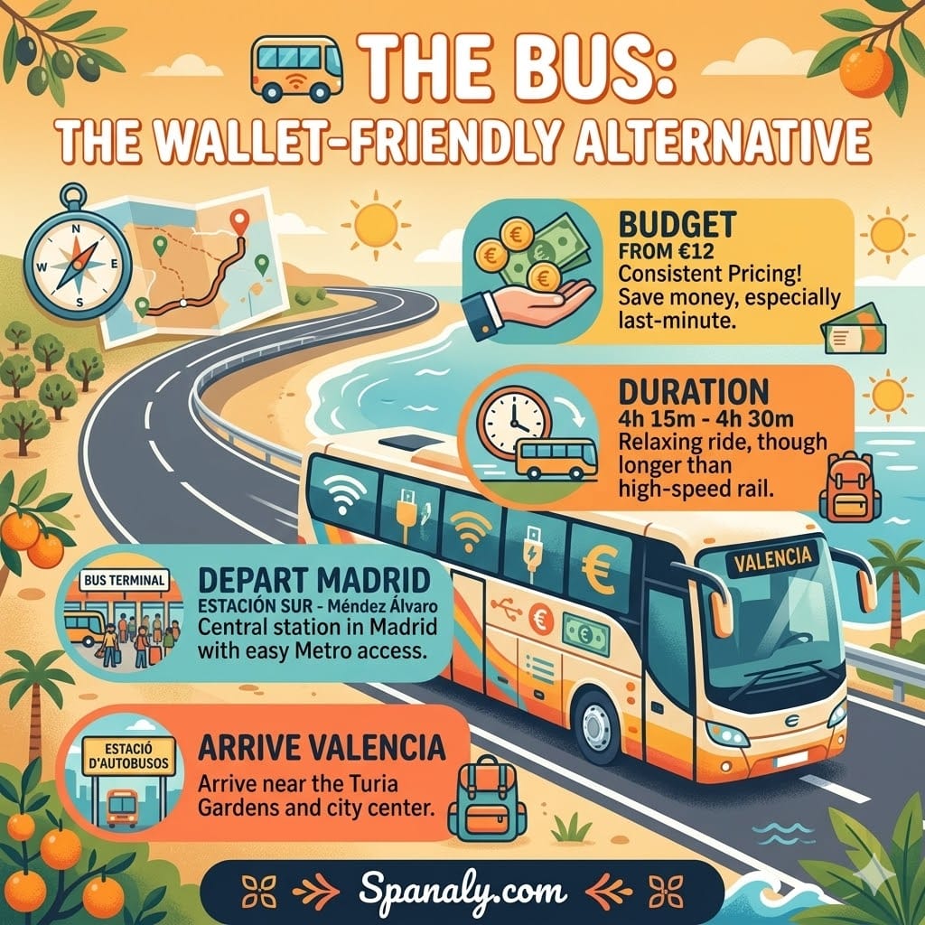 A square infographic titled The Bus: The Wallet-Friendly Alternative, showing budget travel options from Madrid to Valencia with price starting from 12 Euros, travel duration, and departure from Estación Sur.