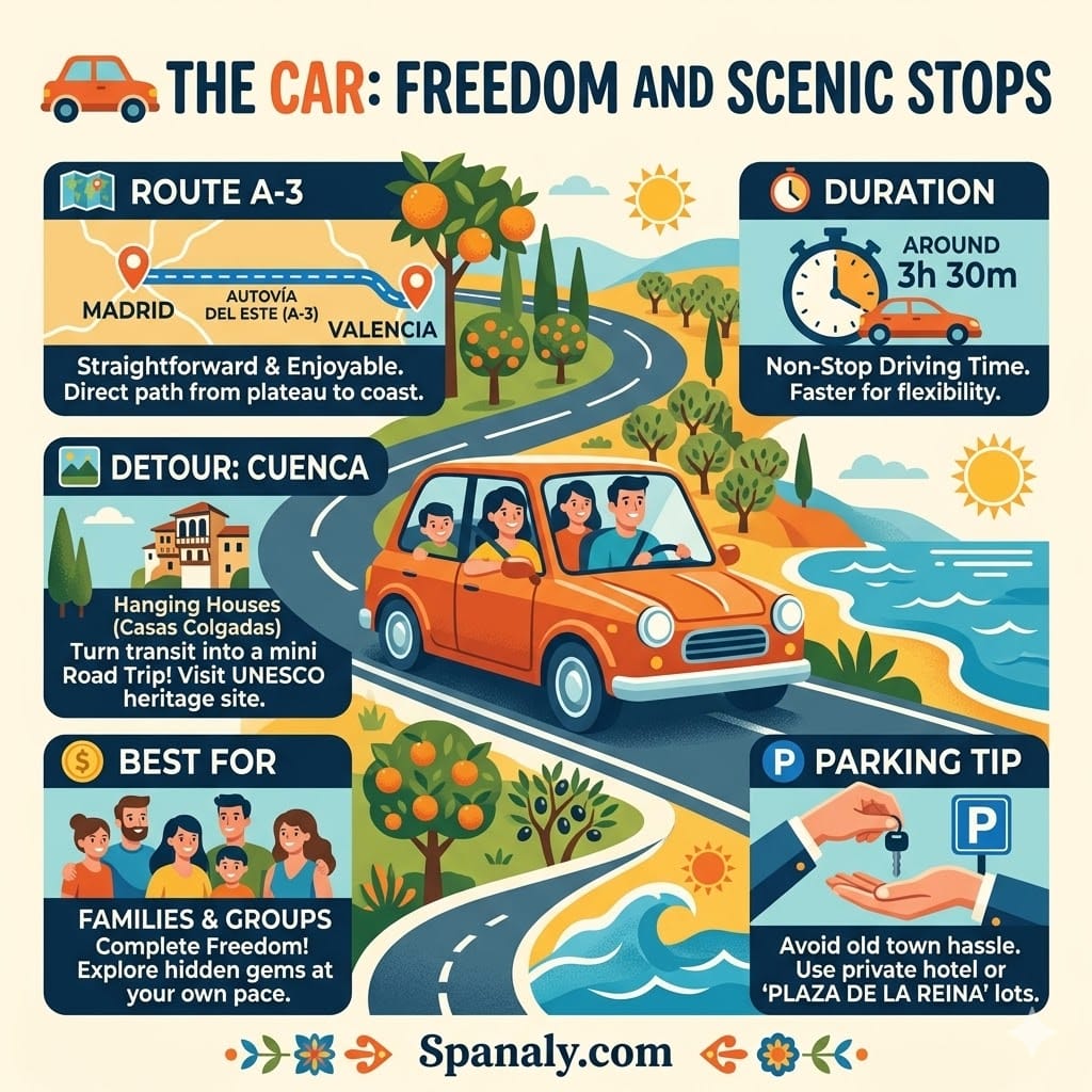 A square infographic titled The Car: Freedom and Scenic Stops, showing a family driving from Madrid to Valencia via the A-3 highway, with highlights on stopping in Cuenca and parking tips in Valencia.