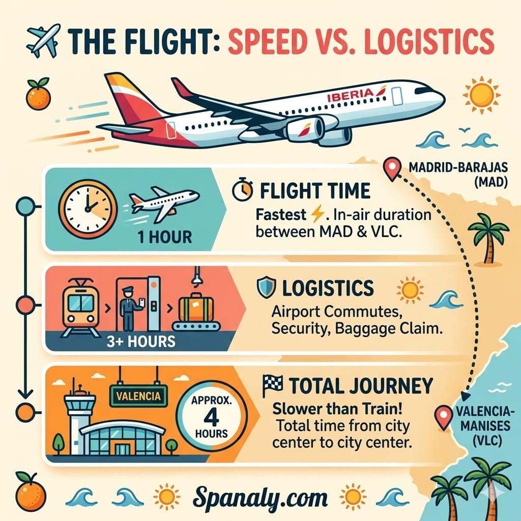 A square infographic titled The Flight: Speed vs. Logistics, comparing 1-hour air time with 3+ hours of airport logistics and security, illustrating why the total 4-hour journey is slower than the train.
